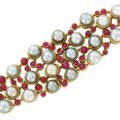 Gold, Multicolored Cultured Pearl, Cabochon Ruby and Diamond Bracelet, René Boivin, France