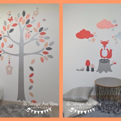 Stickers renard arbre - Corail Saumon gris argent - Décoration chambre bébé fille forêt scandinave oiseaux papillons nuages