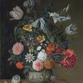 Herman van der Mijn (Amsterdam c. 1684-1741 London) - Roses, tulips, lilies, an iris and other flowers in a porcelain vase 