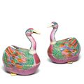 A very fine and rare pair of famille rose 'goose' tureens and covers, Qianlong period, circa 1760
