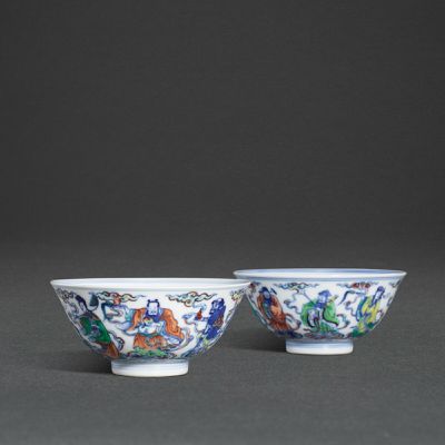 A fine and rare pair of doucai 'immortal' bowls, Marks and period of Yongzheng
