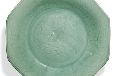 A large carved 'Longquan' celadon-glazed octagonal dish, Ming dynasty