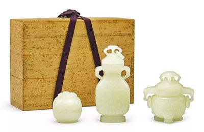 A set of three white jade vessels and covers, Qing dynasty