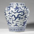 A large blue and white 'Dragon' jar. Jiajing mark and period