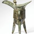 A bronze tripod wine vessel (jue), Late Shang Dynasty, 12th -11th century BC