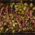 Saucisses, pommes de terre, champignons