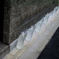 Les bouteilles d'eau devant les maisons.