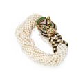 18 karat gold, diamond, cultured pearl, emerald and enamel bracelet, David Webb