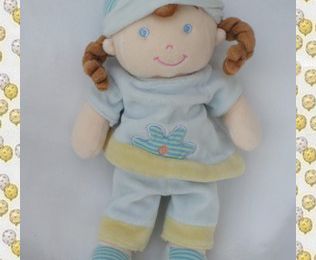 Doudou Poupée Bleu Bonnet Et Fleur Rayures Bleu Et Vert Mots D'Enfants