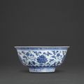 A rare blue and white 'floral scroll' bowl, Mark and period of Xuande