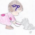 petite fille qui donne du lait à un chat - Loulou