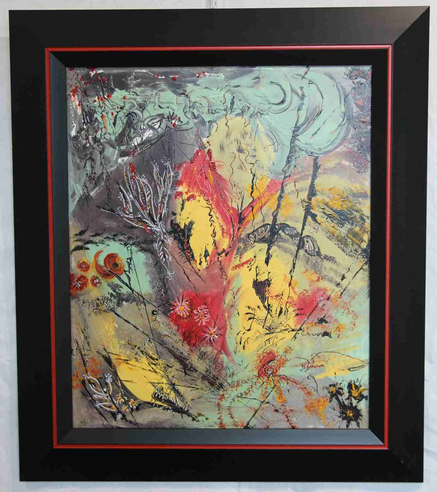 Vers l'ailleurs marin, acryl 2021, cadre noir fil rouge, 50X60cm, N°191-