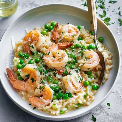 Recette de risotto aux crevettes nordiques et petits pois 🍤