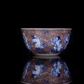 A very rare imperial copper red and blue and white decorated Immortal wine cup, China, underglaze blue Yongzheng six-character m