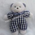 Doudou Peluche Ours Blanc Corps Tissu Carreaux Bleu Marine Hochet Nounours 26 cm