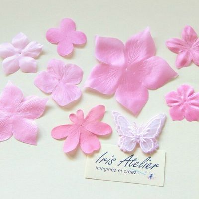 Fleurs en soie et papillon en organza, nuances de roses bis !