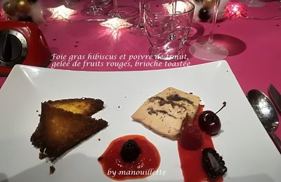 Foie gras hibiscus et poivre de timut, gelée de fruits rouges, brioche de Philippe conticini