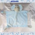 Doudou Peluche Plat Carré Eléphant Gris Rayures Bleu Et Blanc Grelot 4 Noeuds