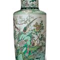 A rare famille verte biscuit, rouleau vase, China, Qing dynasty, 19th century