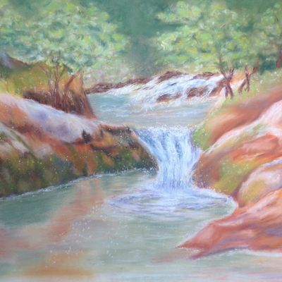 Rivière en sous bois - Pastel sec sur papier Pastelmat