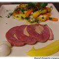 MAGRET DE CANARD FARCI AU FOIE GRAS, SALADE DE MANGUE ET CAROTTES À L'HUILE D'OLIVE