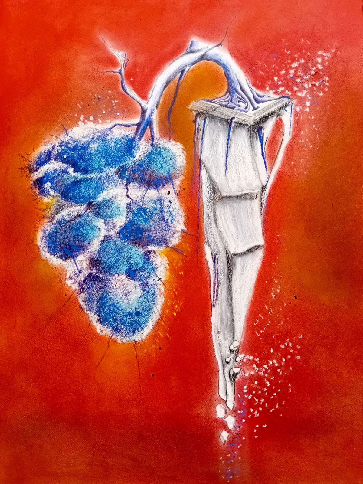 Arbre bleu suspendu sur un rocher flottant sur fond rougesang. Stylo Bic pastel sec crayon, pierre noire, fusain et crayon de couleur. 