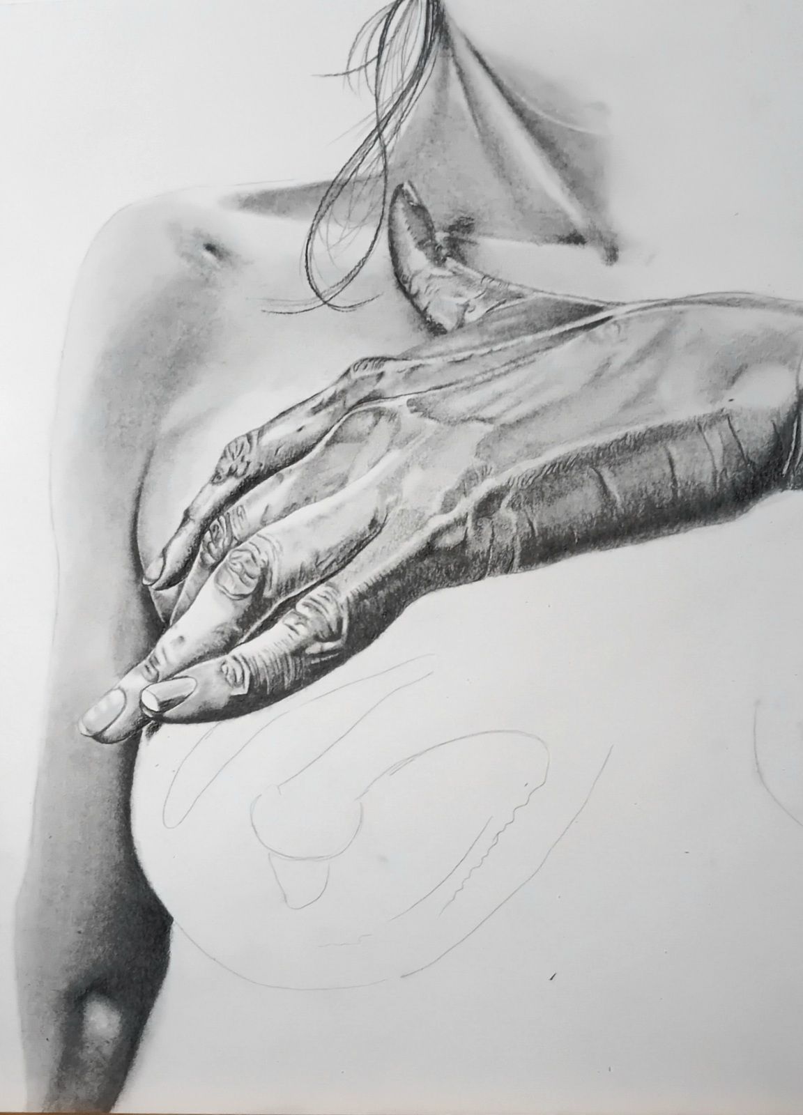 Dessin. Main. Style réaliste. Avec haut du corps. Inachevé. 
