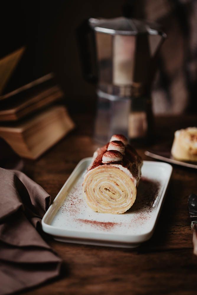 chandeleur, pâte à crêpes, buche de crêpes tiramisu, gateau roulé aux crêpes, facile, tiramisu, recette hiver, mascarpone, chantilly, café