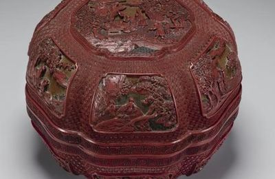 A fine and rare carved polychrome lacquer 'Immortals' box and cover. Qianlong Mark And Per