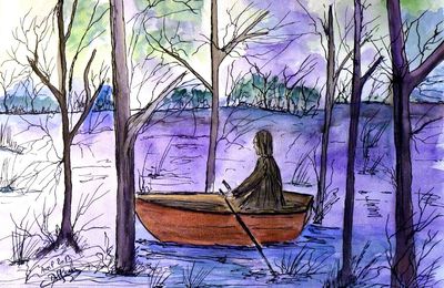 Sur le lac, aquarelle et encre acrylique à la plume, 30cmx40cm