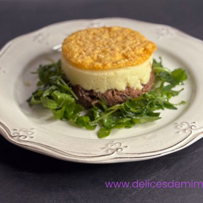 Parmentier de canard confit, roquette et tuile de parmesan( astuce)