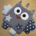 Doudou plat hibou gris et blanc