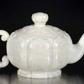 A Fine And Rare Set Of 'Chicken-Bone' Jade Teapot In Form Of Lotus Flower And Cups,