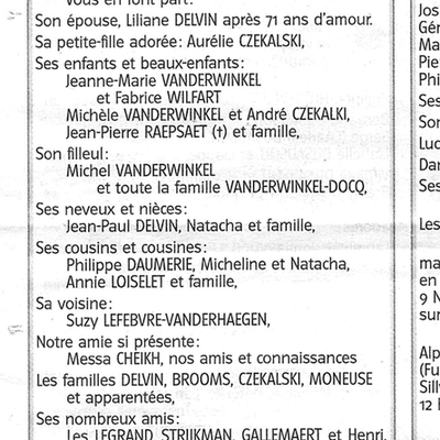 Décés de Monsieur Paul Vanderwinkel