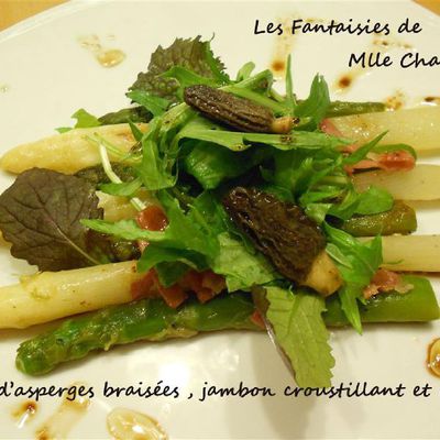 Salade d'Asperges Braisées, Croustillant de Jambon et ses morilles