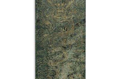An imperially inscribed and gilt spinach-green jade book leaf, Dated Qianlong bingyin year, corresponding to 1746