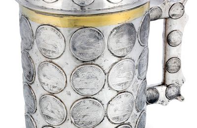 A big partgilt Baroque coin set silver tankard and lid, Raudten-Silesia, dated 1721. Maker's mark of Friedrich Lenten