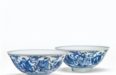 A pair of blue and white 'Eight Immortal' bowls, Qianlong six-character seal mark in underglaze blue and of the period