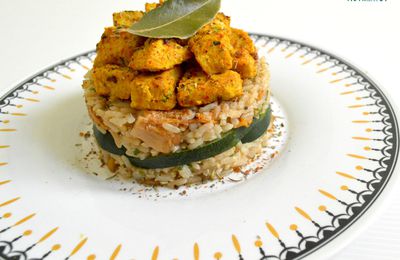 Risotto au riz complet & amarante aux courgettes, girolles & poulet à la moutarde