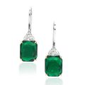 A pair of emerald and diamond pendent earrings