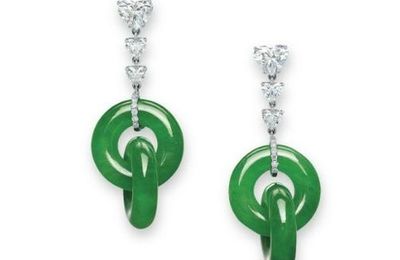 A pair of jadeite and diamond ear pendants