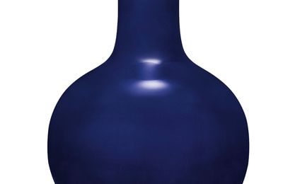 A large sacrificial-blue glazed bottle vase, tianqiuping, Qianlong six-character seal mark in underglaze blue and of the period 