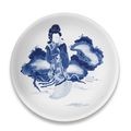A large blue and white and copper-red 'Virtuous Aunt' dish, Chenghua six-character mark, Early Kangxi period (1662-1722)
