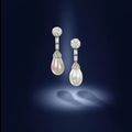 A pair of natural pearl and diamond pendent earrings