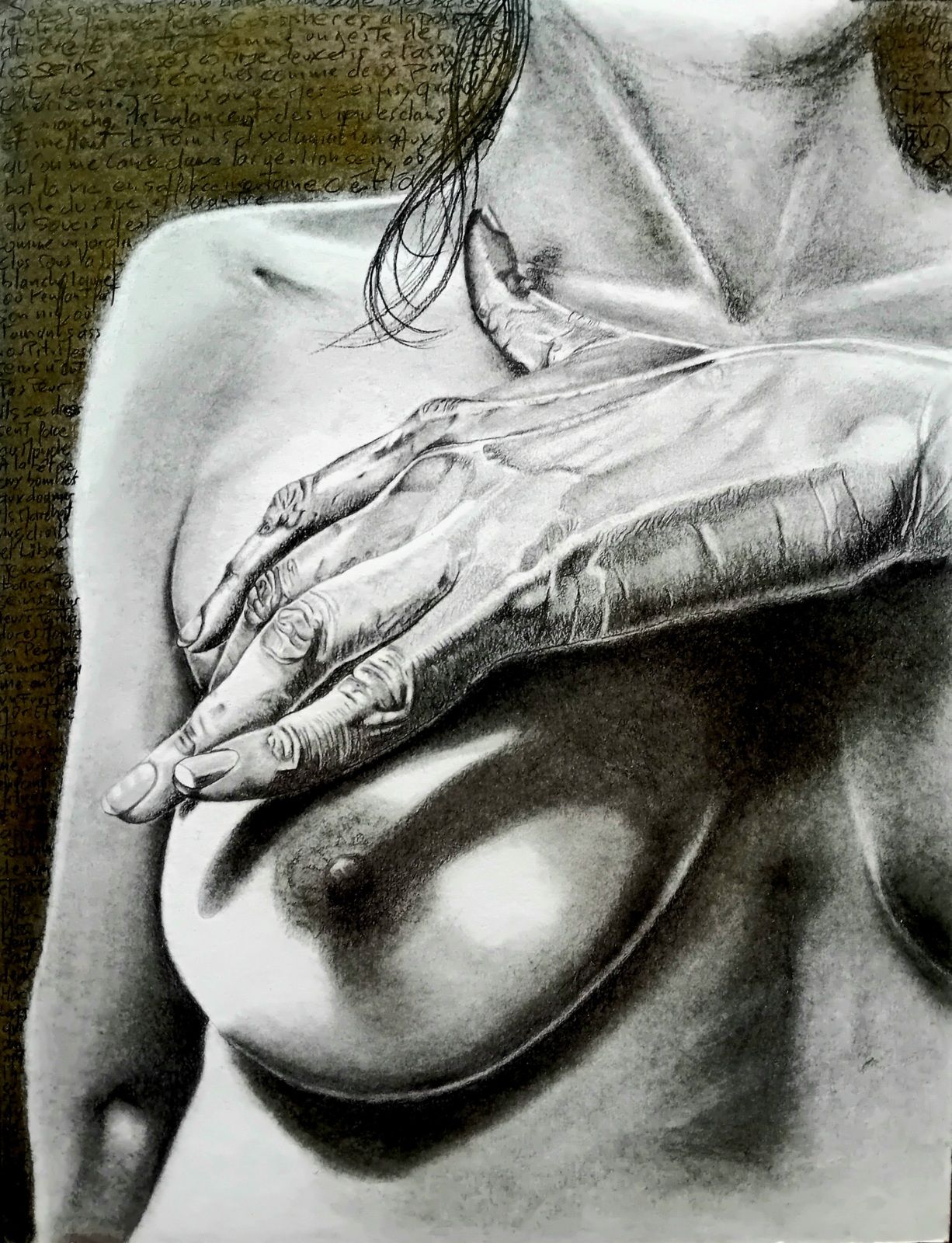 Dessin au crayon, fusain, pierre noire et pastels secs Sennelier doré 