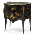 A Louis XV ormolu-mounted polychrome lacquer commode, circa 1745-49, stamped P. Roussel, JME, the ormolu bearing the C couronné 