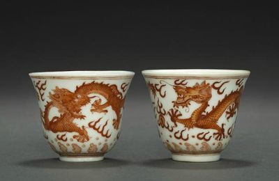 Two iron red 'dragon' wine cups, Guangxu six-character marks and of the period