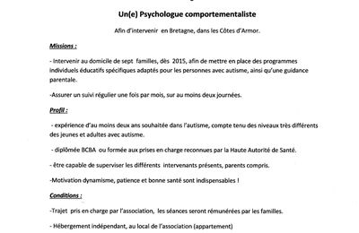 L'association recherche un(e) psychologue comportementaliste pour plusieurs familles!