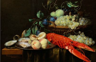 Joris van Son (1623 Antwerp - 1677), Still life with tray of fruit, crayfish and oysters