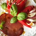 le retour des tomates-mozza:Petales de tomates-mozzarella-bresaola-beau temps.